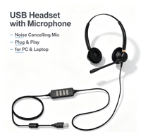 Casque USB Binaural pour Centre d'Appels avec Micro Anti-Bruit, Commande de Muet Intégrée, Certifié CE FCC RoHS, Logo OEM