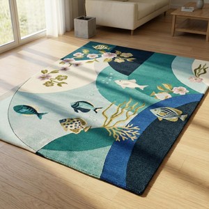 Tapis en laine bleu sarcelle abstrait à motifs de poissons, tufté à la main, motif floral marin, pour salon, chambre, chambre d'enfant, salle de jeux, vente en gros - Product Image 3