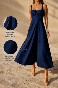 Vestido midi vaquero vintage índigo oscuro con lazo frontal para mujer, cintura alta, silueta en A, estilo camisola, con corsé moldeador. - Product Image 5