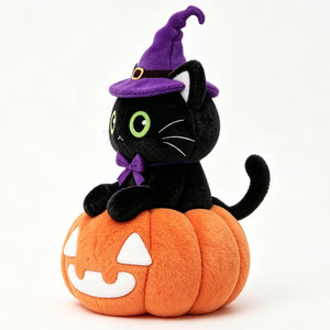 Nouvelle Peluche Personnalisée Chat Noir d'Halloween avec Chapeau de Sorcière OEM ODM, Adorable Peluche Chat Citrouille pour Enfants, Cadeaux de Fêtes - Product Image 6
