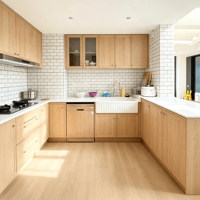 Armoire de cuisine modulaire en forme de L, grain de bois clair, style Shaker, écologique, HAOMEI, porte en verre, style farmhouse, garantie 3 ans