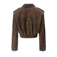 Blouson bomber court en cuir de chèvre véritable pour femme, avec épaulettes, fermeture éclair aux poignets, couleur taupe, poches cargo