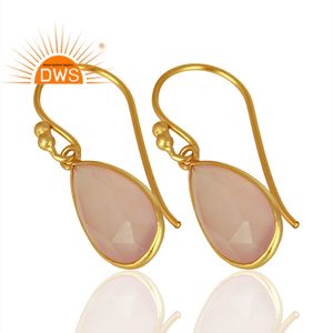 Vente en gros de boucles d'oreilles indiennes en pierre précieuse calcédoine rose boucles d'oreilles design en argent plaqué or bijoux de la collection vintage - Product Image 2
