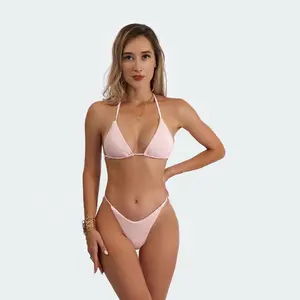 Personalizado arrugado Brasil Sexy Triángulo Bikini Traje de baño Mujeres Traje de baño Bikini Beachweaer con cuerdas para las mujeres