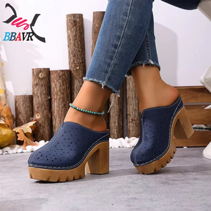 Zapatos de Tacón Grueso con Diseño Calado para Mujer, Talla Grande, Punta Redonda, Suela de PU Resistente, Estilo Casual, Sin Cordones - Product Image 2