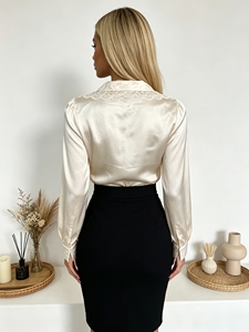 Blusa Elegante con Cuello de Encaje, Cuello en V, Plisada, de Manga Larga, para Mujer, para Oficina, Uso Diario, Fiestas y Ocasiones Festivas - Product Image 3
