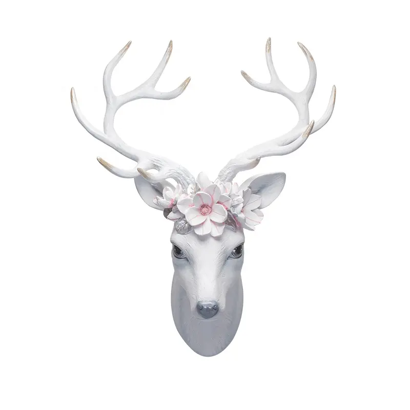 Christmas crafts decoration White long horned flower deer head wall hanging