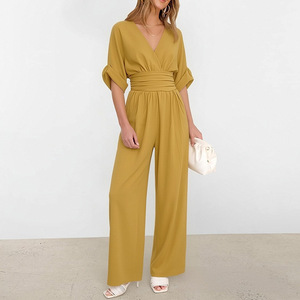 Suzhou <span class=keywords><strong>VIVA</strong></span> VIXEN 2026 Mono casual de mujer con cuello en <span class=keywords><strong>V</strong></span> profundo, manga kimono, cintura ajustada y pierna ancha - Product Image 3