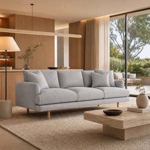 Canapé trois places gris clair aspect lin avec accoudoirs bas et pieds en bois effilés pour salon et hôtel (vente en gros) - Product Image 3