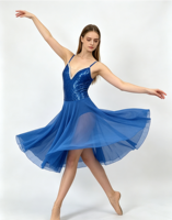 Costume de danse contemporaine lyrique bleu royal à paillettes, jupe mi-longue en mousseline, robe de danse pour femmes et filles, compétition, récital
