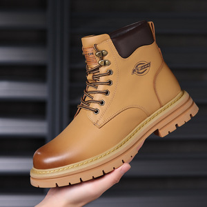 Bottes d'hiver pour hommes mi-mollet en cuir pleine fleur véritable doublées en polaire de laine et coton, respirantes, imperméables, décontractées, jaunes - Product Image 2