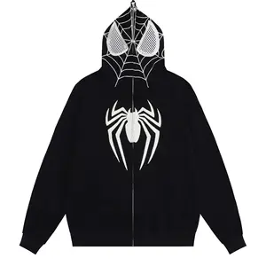 Spiderweb Man Embroidery Eye Viewable Zipper Hoodie Men's And Women's Loose Hip Hop Casual Jacket