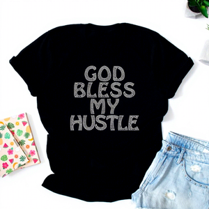 Design Personalizzato 'God Bless My Hustle' in Materiale Coreano, Motivo con Cristalli e Strass Termoadesivi, Stampa Elastica - Product Image 1