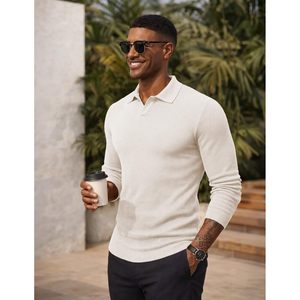 FOXA Men's Polo Shirt Long Sleeve V Neck Knitted Cotton Breathable Casual Dress Golf Shirt - Product Image 2