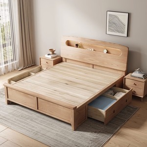 Nordic Solid Wood Bed 1.8M Double Storage Lighted <b>Headboard</b> Bedroom Furniture - Product Image 3