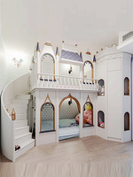 Lit superposé de princesse de style européen avec base secrète pour chambre de garçons, lit à deux étages avec escalier en colimaçon