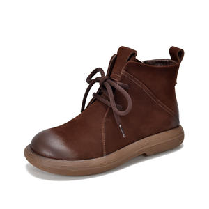 Fait à la main 2024 automne hiver femmes court pour bottes en cuir véritable rétro décontracté semelle épaisse unique à lacets marron/kaki - Product Image 3