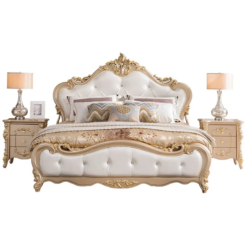 Europeanスタイルベッド木製1.8メートルダブルベッド王子王女革結婚式のベッド