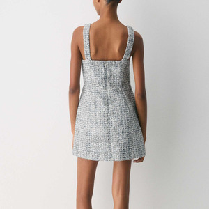 Robe mini trapèze vintage brodée en tweed à col carré sans manches pour femme, taille naturelle, élégante pour le bureau ou les soirées - Product Image 2