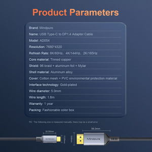 <span class=keywords><strong>Cable</strong></span> Mindpure USB C a DisplayPort 1.4, 8K 60Hz, Bidireccional, Tipo-C a DP, 32.4Gbps, para MacBook Pro, Air, iPad - Product Image 6