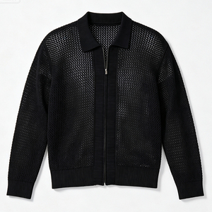 Cardigan en tricot de coton pour homme, design personnalisé avec logo, ajouré, léger, col à revers, crocheté, avec fermetures éclair - Product Image 1