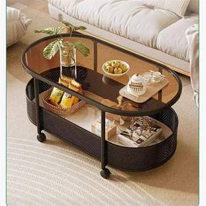 Table basse moderne avec plateau en verre trempé et roulettes, design léger pour petits salons et canapés, chariot de rangement - Product Image 1