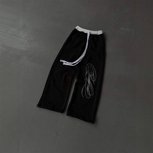Custom Printed <strong>Black</strong> Loose Pants for Men 380gsm Fine Cotton Drawstring <strong>Cord</strong> Sweatpants Formal <strong>Trousers</strong> Smart Box Pants - Product Image 4