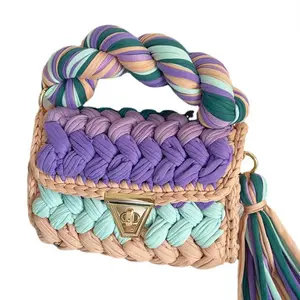 2023 fashion Rainbow Handbag Green Handmade Handbag Straw Cloth Line Wool Crochet Shoulder hand woven Bag