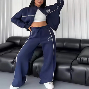 Custom <span class=keywords><strong>Ladies</strong></span> <span class=keywords><strong>Casual</strong></span> Striped Trainings anzug 2 Stück Langarm Full Zip Top Kordel zug Breite Straight Pants <span class=keywords><strong>Outfits</strong></span> - Product Image 4