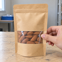 Sachet Doypack en papier kraft brun de qualité alimentaire, refermable avec fermeture éclair et fenêtre transparente, prêt pour la vente au détail, pour amandes, noix et snacks