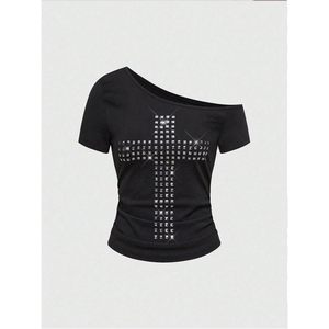 FOXA Women's Off Shoulder <b>T</b> <b>Shirt</b> Cross Rivet Short Sleeve Grunge <b>Punk</b> Streetwear Top - Product Image 4