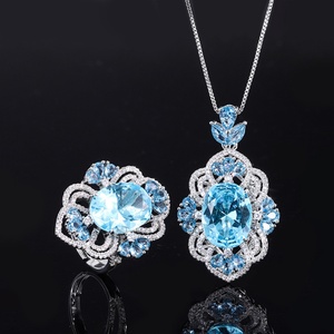 Wholesale Fashion Creative Court Style Eco-friendly Copper 12*16MM Blue Zircon <b>Ring</b> and Necklace Jewelry <b>Set</b> for <b>Women</b> - Product Image 1