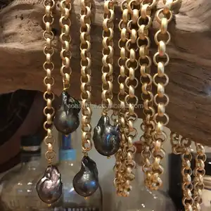 NS201232 Benutzer definierte Süßwasser Barock Perlen Charm lange vergoldete Rolo Box Chain Halskette