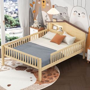 เตียงเด็กทรงบ้านไม้พร้อมราวกั้นและที่เก็บของ สีข้าวสาลี สำหรับห้องนอนเด็ก - Product Image 2