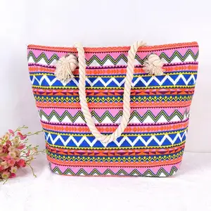 Bolsos de playa a la moda para mujer, bolsas de mano de algodón con estampado de gran utilidad, personalizadas, portátiles, duraderas, con un solo hombro y cremallera