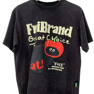 T-shirt noir en coton 100% tricoté surdimensionné et délavé avec un motif de pomme de dessin animé - Tee-shirt vintage streetwear FniBrand - Product Image 1