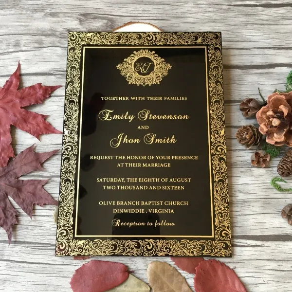 Invitaciones DE BODA acrílicas de lujo negras y doradas de estilo real personalizadas con sobre