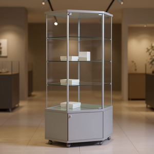 Vitrine d'angle moderne 73x73x180cm, cadre en aluminium gris clair, étagères en verre trempé, portes verrouillables - Product Image 3