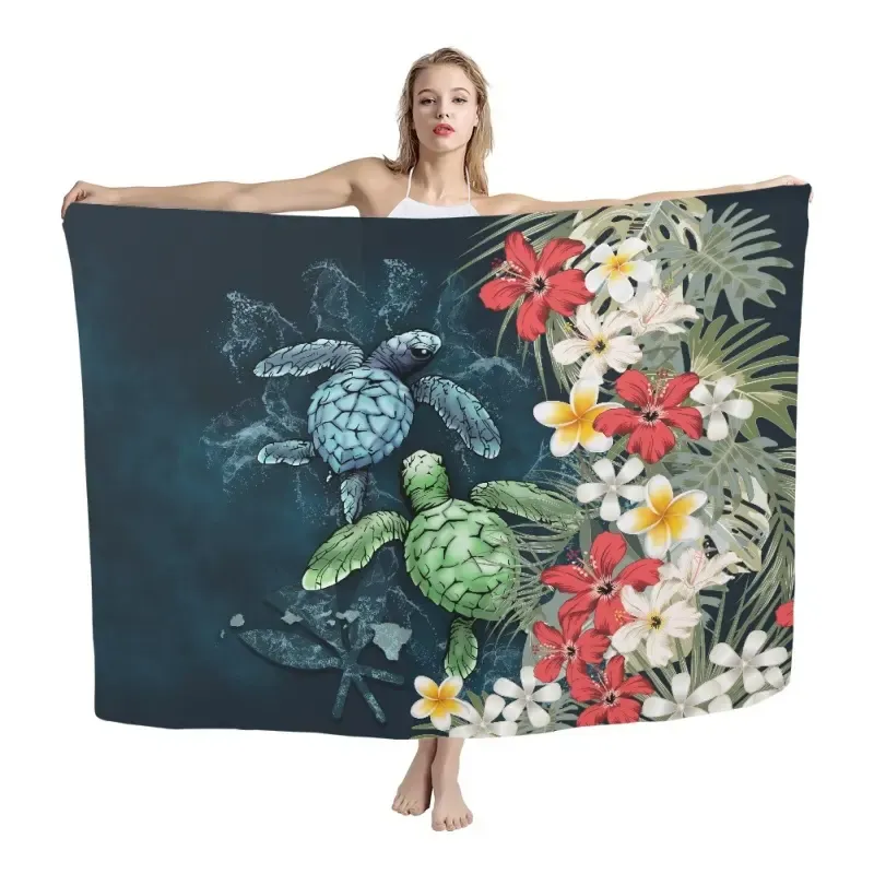 Nuovo Design da spiaggia Sarong Hawaii Turtle Plumeria in stile Pareo stile polinesiano Pareo personalizzato morbido abito da spiaggia sciarpa in Chiffon da donna