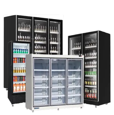 Risparmio energetico R290 refrigerante freddo bevanda Display vetro Chiller porta supermercato in posizione verticale con ruote universali