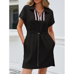 Vestido Mini de Manga Corta para Mujer, Cuello en V, Cierre de Cremallera de Cuarto, Cintura con Cordón, Vestido Casual Tipo Sudadera, Tejido de Algodón Sólido, Ropa de Verano - Product Image 2
