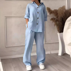 Ensemble 2 pièces pour femmes d'été, <span class=keywords><strong>grande</strong></span> <span class=keywords><strong>taille</strong></span>, chemise en coton et lin, pantalon ample <span class=keywords><strong>taille</strong></span> haute - Product Image 2