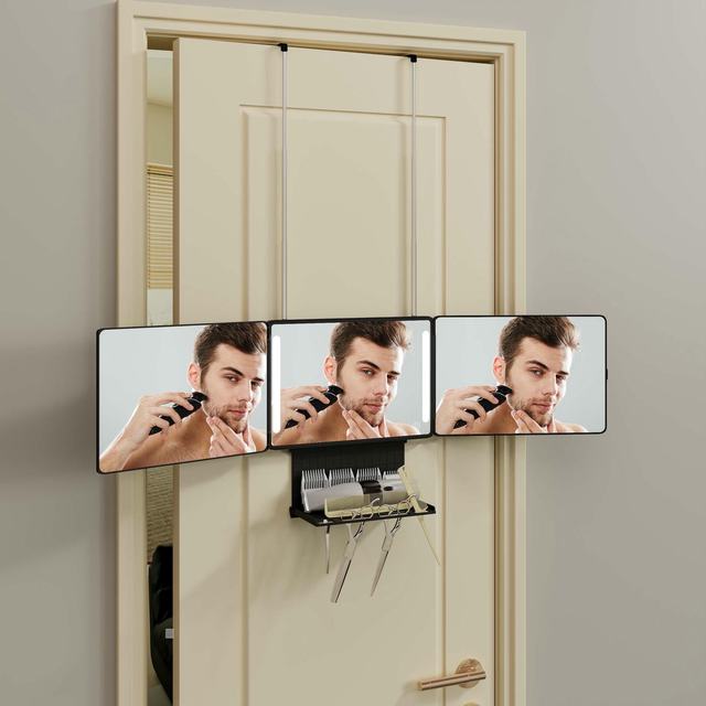 360 Degree Foldable Trifold 3 Sided Barber Haircut Makeup Vanity Mirror With Led Light 3 Three Way Mirror for Self Hair Cutting