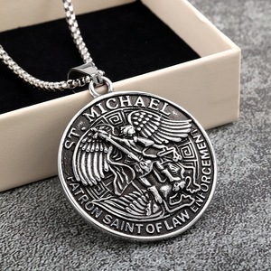 yunnique St Michael Patron Saint Of Law Enforcement Pendant Necklace Men Stainless Steel Round <b>Angel</b> Wings Design <b>Gift</b> Jewelry - Product Image 1