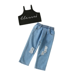 Ensemble Fille Bébé sans Manches, Gilet Haut et Pantalon Évasé <span class=keywords><strong>en</strong></span> <span class=keywords><strong>Jean</strong></span>, Tenue 2 Pièces - Product Image 4