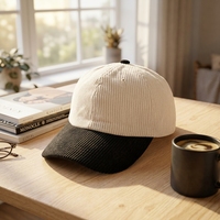Gorra de béisbol de pana de 6 paneles con logo personalizado al por mayor, bicolor, en blanco, con hebilla metálica, de algodón vintage para marcas, a granel