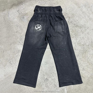 カスタムスクリーン印刷ヘビー級ヒップホップ酸洗浄日色あせたラインストーンクライタルダブルウエストワイド脚フレアスウェットパンツ - Product Image 2