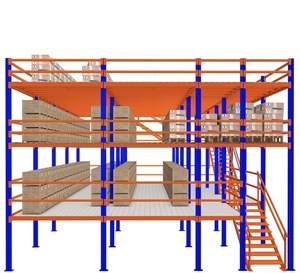 Heavy Duty Steel Mezzanine <b>Rack</b> 3 Layer Powder Coated Blue With Steel Grating Floor Industrial Storage System - Product Image 5