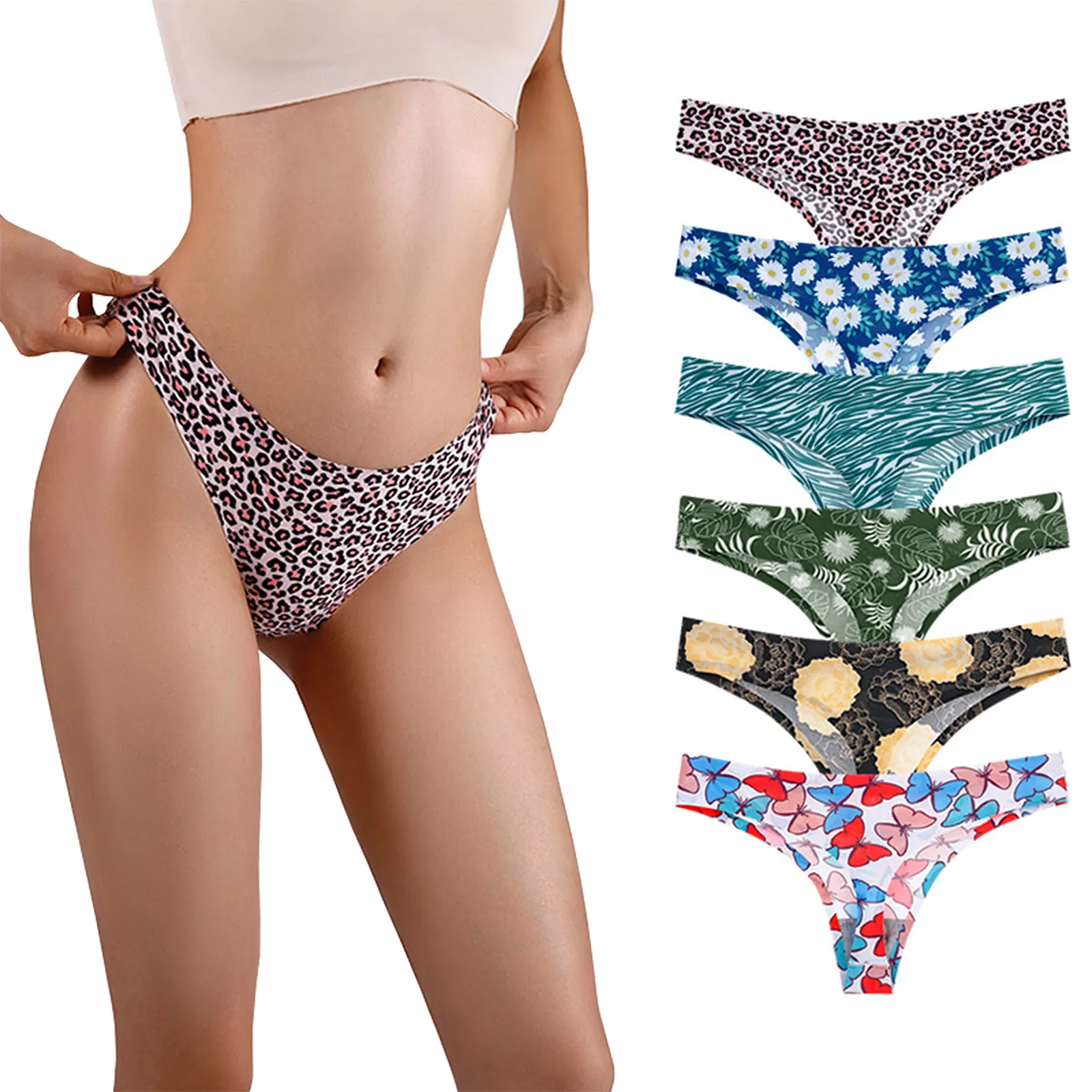 New Sexy Plus Size No Show Ice Silk Low-Rise Printed Panties Butterfly Leopard Floral G String Thong L-4XL