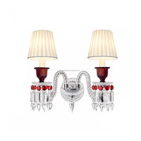 Applique Murale de Luxe Française à 2 Têtes en Cristal Rouge, Fer Plaqué, Abat-jour en Tissu, Verre Rouge et Pompon en Cristal pour Chambre, Hôtel, Villa, Hall